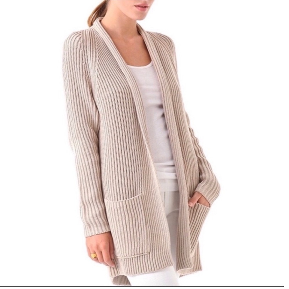 Vince‎ Cotton Chunky Ribbed Open Front Cardigan Beige Tan Longline Pocket Small